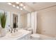 Cozy bathroom featuring a single sink, a bathtub with shower, and plants for enhanced appeal at 9383 Cobblecrest Dr, Highlands Ranch, CO 80126