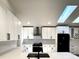 Modern kitchen with white cabinetry, quartz countertops, a black refrigerator, and a stylish range hood at 9668 Salem Ct, Highlands Ranch, CO 80130