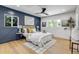 Spacious bedroom with navy blue accent wall and hardwood floors at 5576 E Lehigh Ave, Denver, CO 80237