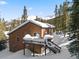 Rear view of a wood-sided mountain home, with a deck and snow covered yard at 493 Cr 672, Breckenridge, CO 80424