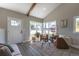 Inviting living room featuring vaulted ceilings, wood beams, and natural light from large windows at 5195 Allison St, Arvada, CO 80002