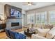 Cozy living room with modern fireplace, comfortable seating, and bright natural light at 8890 S Quatar Ct, Aurora, CO 80016