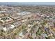 Panoramic aerial view of the neighborhood with houses, lush greenery, and a glimpse of the city skyline at 2243 S Olive St, Denver, CO 80224