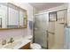 Well-maintained bathroom with a shower, vanity, and a mirrored medicine cabinet for storage at 25 S Winona Ct, Denver, CO 80219