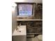 Basement bathroom with stone wall and new vanity with decorative block window for natural light at 2335 Stout St, Denver, CO 80205