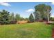 Spacious backyard with a well-maintained lawn, complemented by a wooden fence and mature trees for privacy at 5337 S Ukraine Way, Aurora, CO 80015