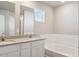 Bright bathroom featuring double sinks, a soaking tub and a tiled shower, perfect for relaxation at 48195 Shetland Dr, Bennett, CO 80102
