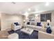 Virtually staged living room with white furniture, blue accents, and soft lighting at 4857 Tarcoola Ln, Highlands Ranch, CO 80130
