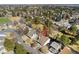 Aerial view of a suburban neighborhood featuring single-Gathering homes, mature trees, and a nearby green space with a soccer field at 6368 S Emporia Cir, Englewood, CO 80111