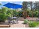 Charming backyard patio featuring a dining set, swing set, slide, and lush landscaping at 1370 S Hudson St, Denver, CO 80222