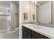 Bathroom featuring glass shower, toilet, and vanity with mirror and decorative backsplash at 3128 Bivouac Pt, Castle Rock, CO 80108