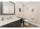 This powder room includes a modern vanity, brushed nickel faucet, and a wood-look tile floor at 3128 Bivouac Pt, Castle Rock, CO 80108