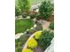 Beautifully landscaped backyard with colorful shrubs, rock accents, and a neatly manicured lawn at 11879 W Portland Dr, Littleton, CO 80127