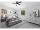 Cozy bedroom features a ceiling fan, neutral tones, and natural light at 8367 S Reed St # A3, Littleton, CO 80128