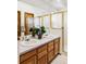 Bathroom vanity with double sinks, wood cabinets, mirror and shower with gold trim at 9257 Shadowglen Ct, Highlands Ranch, CO 80126