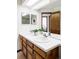 Spacious bathroom with a double sink vanity, wood cabinets, and a large mirror at 9257 Shadowglen Ct, Highlands Ranch, CO 80126