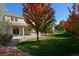Expansive backyard featuring a well-manicured lawn, mature trees, and a covered patio area perfect for outdoor living at 3480 Spruce Dell Ct, Castle Rock, CO 80109