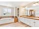 Luxurious bathroom with tub, double sinks, white cabinets and wood-look floors at 3480 Spruce Dell Ct, Castle Rock, CO 80109