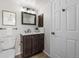 Updated bathroom featuring dark vanity, drawers, modern fixtures, and a framed mirror at 4899 S Dudley St # 19, Littleton, CO 80123
