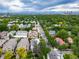 Aerial view of a neighborhood with tree-lined streets and a distant city skyline at 581 Garfield St, Denver, CO 80206