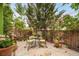 Charming backyard with a patio set amidst flower beds and mature trees, creating a serene outdoor retreat at 581 Garfield St, Denver, CO 80206