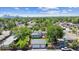 An aerial view of a residential neighborhood featuring lush greenery and a distant city skyline at 2311 W 46Th Ave, Denver, CO 80211