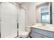 Bathroom featuring glass enclosed shower, and a blue-grey vanity at 1699 Morgan Dr, Erie, CO 80516