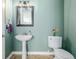 Stylish powder room featuring pedestal sink, toilet, and light green walls at 9047 Apache Plume Dr # D, Parker, CO 80134