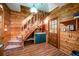 Rustic entryway with wood paneling, stairs, and a quaint sink area at 50 Meade Ln, Cherry Hills Village, CO 80113