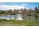 Picturesque view of the serene pond surrounded by lush grass, and beautiful trees creating a peaceful and private setting at 50 Meade Ln, Cherry Hills Village, CO 80113