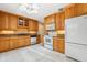 Functional kitchen featuring wood cabinets, granite counters and white appliances at 2698 S Niagara St, Denver, CO 80224