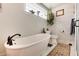 Relaxing bathroom featuring a soaking tub, decorative plants, and a framed mirror at 7794 Louviers Blvd, Louviers, CO 80131