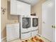 Functional laundry room with modern washer and dryer, storage cabinets, and a countertop, making laundry tasks convenient at 10062 Eagle Valley Way, Highlands Ranch, CO 80129