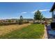 Spacious backyard with landscaped area, trees, and distant mountain views at 3375 New Haven Cir, Castle Rock, CO 80109