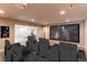 Home theater with tiered seating and a large screen projector in the finished basement at 3375 New Haven Cir, Castle Rock, CO 80109