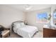 Bright bedroom with natural light, a decorative headboard, white comforter, and a wicker chair at 5805 Red Barn Ave, Mead, CO 80504