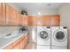 Laundry room with sink, white washer and dryer, and wooden cabinets at 2577 Shadecrest Pl, Highlands Ranch, CO 80126