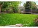 Large grassy backyard featuring mature trees, a hammock, and a trampoline, perfect for outdoor activities at 9502 W Hialeah Pl, Littleton, CO 80123