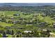 Expansive aerial view of the neighborhood showcasing sprawling lawns, mature trees, and breathtaking mountain views at 422 Suffolk Ln, Castle Rock, CO 80108
