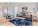 Cozy living room features a comfortable gray sofa, stylish blue rug, and decorative artwork on the walls at 4441 N Meade St, Denver, CO 80211