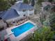 Stunning aerial view of a private backyard with a sparkling pool, lush landscaping, and well-kept home at 6724 S Yates Ct, Littleton, CO 80128