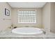 Relaxing bathroom featuring an oval soaking tub with marble surround and window accents at 520 Jackson St, Denver, CO 80206