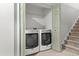 Convenient laundry area with modern washer and dryer units, and shelving for storage at 1359 S Beeler Ct, Denver, CO 80247