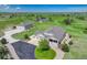 Stunning aerial view of home with three-car garage, long driveway, and lush green lawn at 2504 Elkhorn Ranch St, Parker, CO 80138