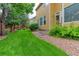 Beautifully landscaped backyard with lush green grass and mature trees around the perimeter at 2631 E 136Th Pl, Thornton, CO 80602