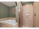 Well-lit bathroom featuring a tiled shower, soaking tub, and decorative elements at 505 S Main St # 2207, Breckenridge, CO 80424