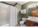 Cozy bathroom featuring a shower-tub combo, sink with wood cabinets, and neutral decor at 505 S Main St # 2207, Breckenridge, CO 80424