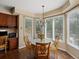 Sun-filled breakfast nook boasts bay windows and an elegant chandelier, perfect for enjoying meals and natural light at 5700 S Benton Cir, Littleton, CO 80123