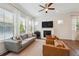 Comfortable living room with ample natural light, fireplace, and hardwood flooring at 5799 Boston St, Denver, CO 80238