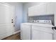 Laundry room with white washer and dryer, white cabinets, light grey walls, and a white door at 9745 Hummingbird Pl, Littleton, CO 80125